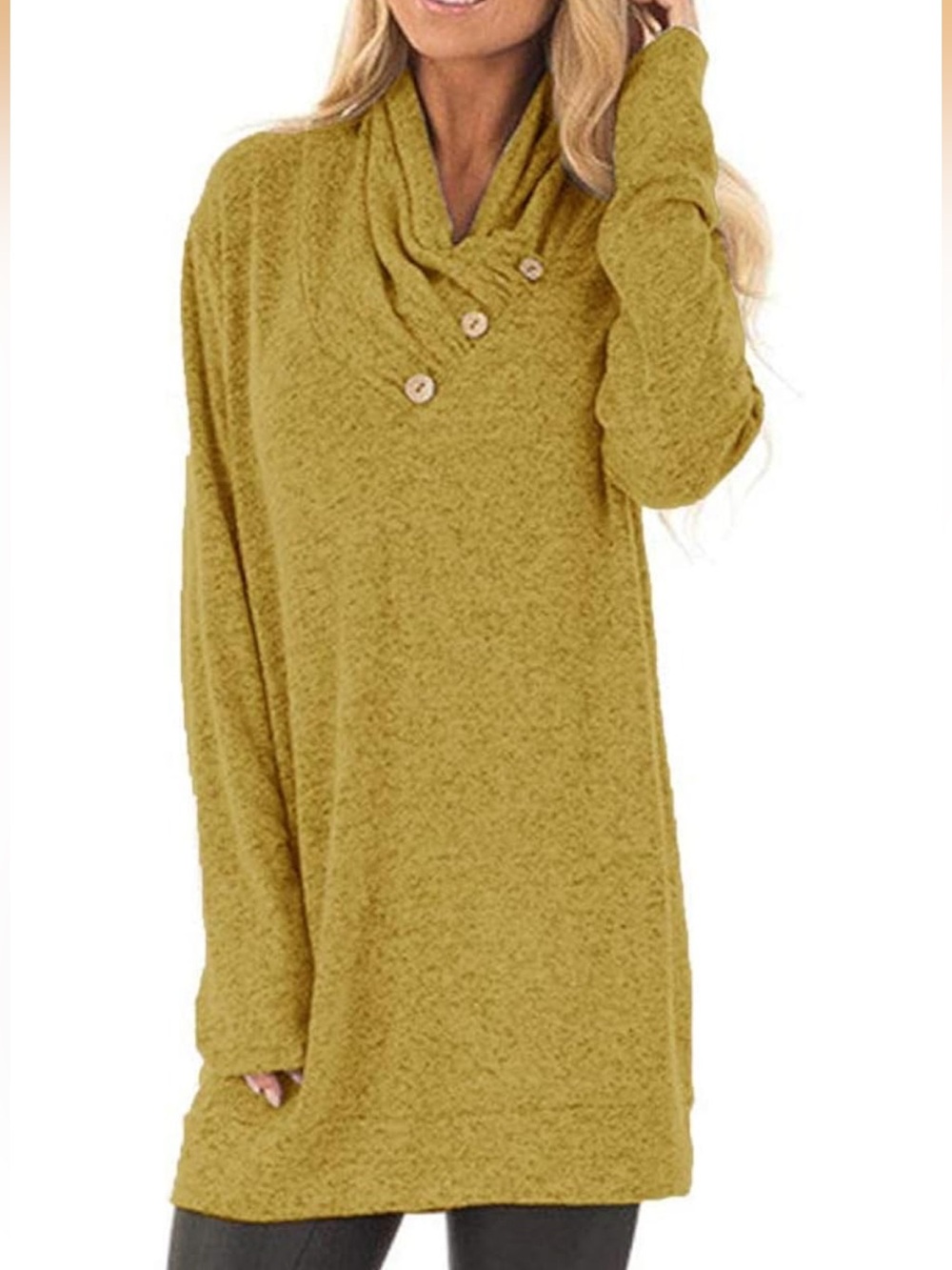 Cozy Mustard Button-Detail Cowl Neck Tunic - Women